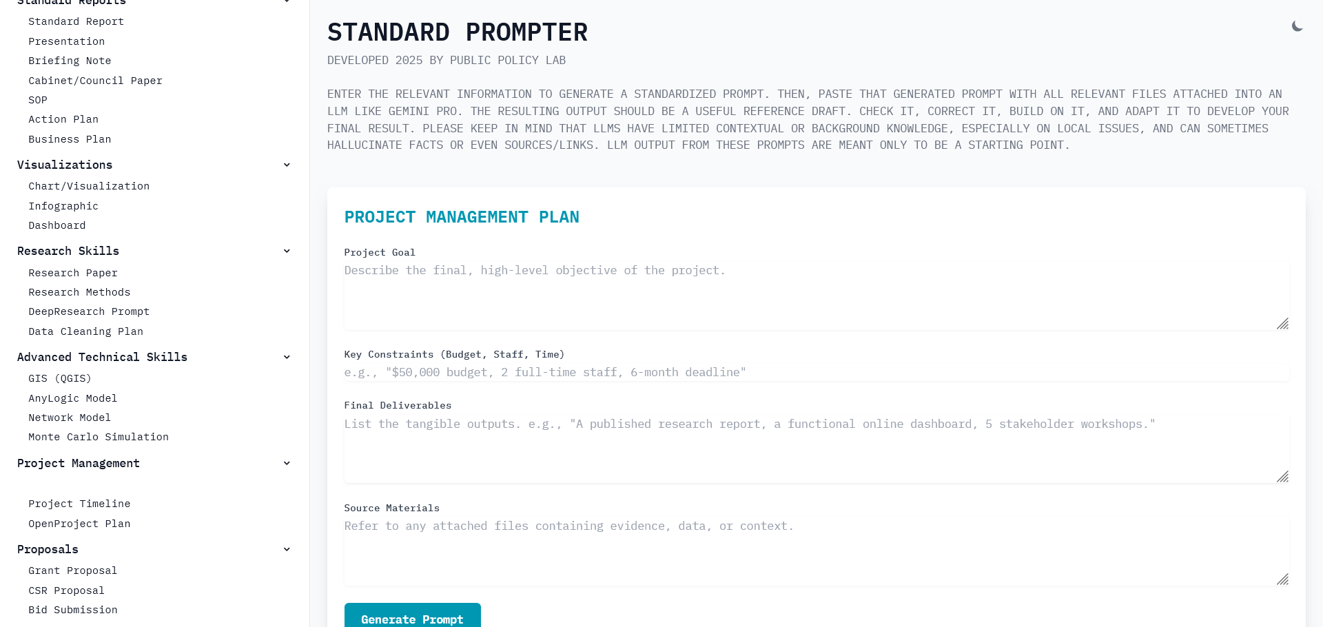 Standard Prompter &ndash; project management plan template with fields for goals, constraints, deliverables, and source materials
